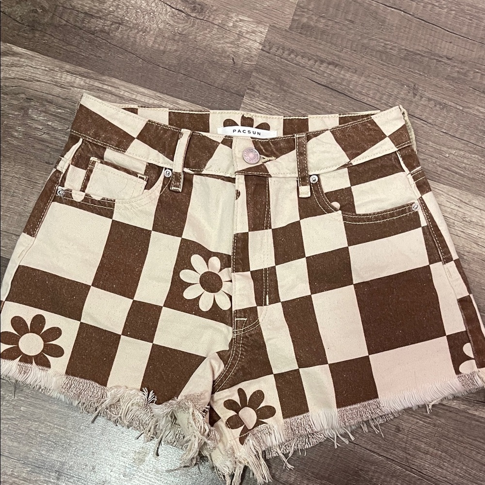 PacSun Brown and Cream Checkered Jean Shorts